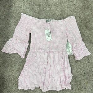 Pink and white off the shoulder top with ruffles medium NWT